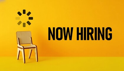 Chair minimalist wooden waiting seat in empty room with now hiring text and loading icon, recruitment concept background for HR, staffing, job vacancy advertising