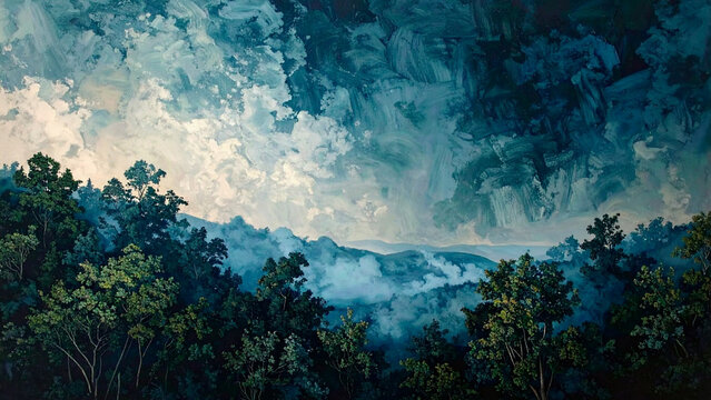 Textured oil painting style of a forest and cloudy sky. Best for artistic prints, gallery advertisements, or unique interior design mockups.