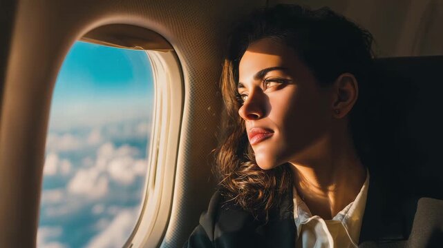 A woman looks out of an airplane window at clouds and the sky while flying in the afternoon