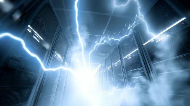 Bright lightning flashes through a corridor with server racks while smoke billows around in a dark environment