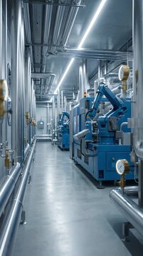 Industrial Manufacturing Hall with Blue Robotic Arms Silver Pipes Gauges and Gray Floor in Bright White Light