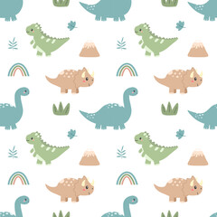 Cute dinosaur seamless pattern with T rex, triceratops and brontosaurus. Boho pastel prehistoric cartoon background with rainbow, volcano and leaves. Flat design vector illustration. © saturnvh