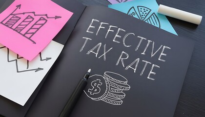 Notebook open with effective tax rate handwritten text and coin sketch, finance concept workspace with sticky notes, charts, marker pen and chalk on dark desk