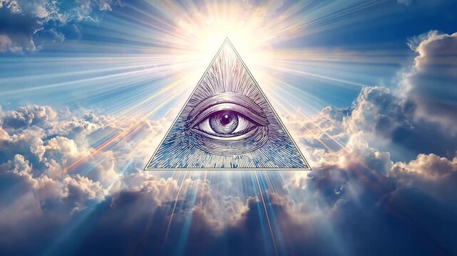 An eye symbol in a triangle is visible in the sky with light rays shining through white clouds on a bright day