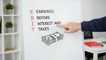 EBIT acronym whiteboard presentation with hand pointing at financial term, earnings before interest and taxes text and cash sketch, corporate finance concept in office
