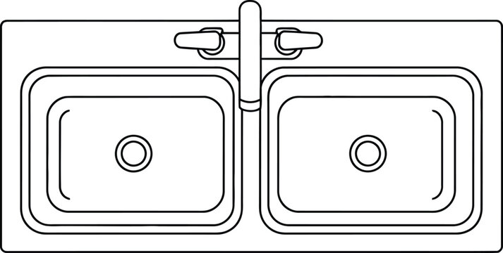 A simple line drawing of a double kitchen sink with a faucet.