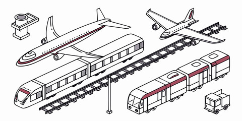 A variety of different types of trains and trams in a detailed illustration