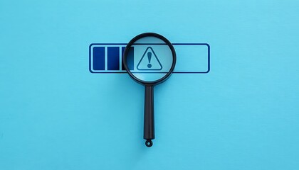 Magnifying glass inspecting warning alert icon on progress bar, business risk analysis concept on blue background, cybersecurity issue check and system diagnostics minimal 3D render