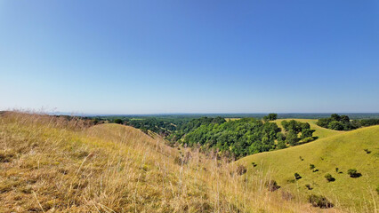 Fototapeta premium Tranquil sunny summer landscape with green fields and hills in south-eastern Europe, Serbia.