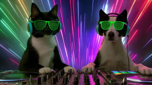 Cat and dog operate dj turntables while colorful lights flash around them, creating an energetic party vibe