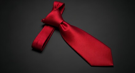 A shimmering red silk necktie laid elegantly on a dark gray background, suggesting sophistication, power, and formal style.