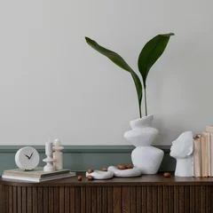 Fotobehang Natuur Park Still Life Interior Decor with Plant and Sculptures on Dark Wood  © FollowTheFlow