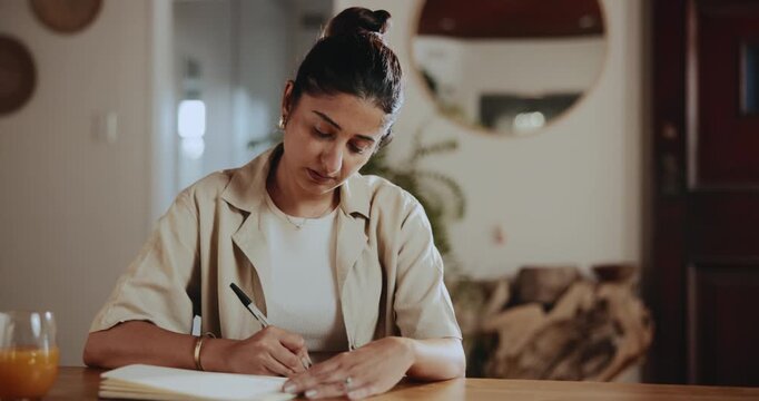 Creative, woman and writing with notebook in home for planning, to do list or story inspiration. Person, remote work and journal notes with juice, interview questions and ideas of article publication