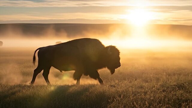 Bison Walking in Field at Sunrise.