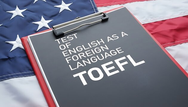 Clipboard TOEFL test form on American flag background, English as a foreign language exam concept for education, study abroad, immigration and certification