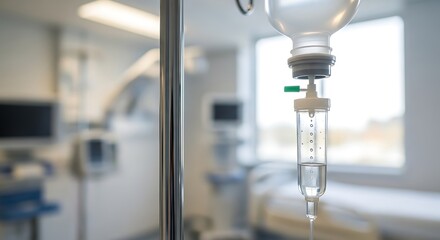 Closeup of an iv drip chamber in a hospital room with blurred background