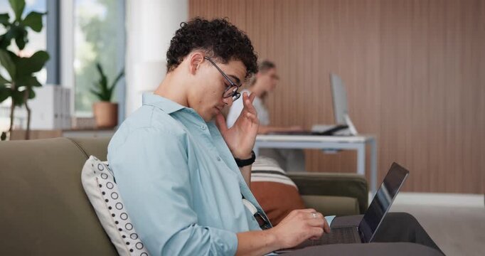 Sleep, tired and man in office with laptop, fatigue and burnout in project submission. Exhausted, coworking and employee in workplace with technology, brain fog and low energy in task deadline.