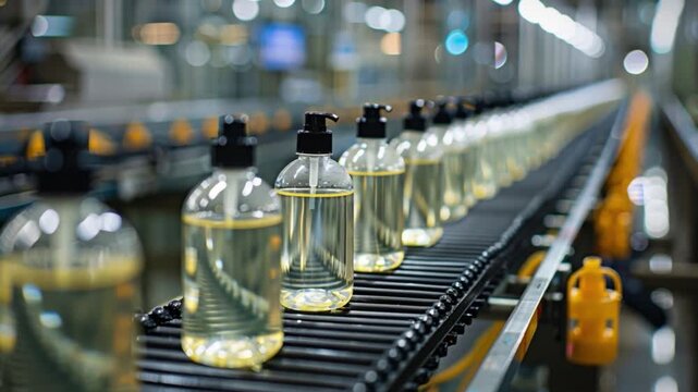 Transparent bottles filled with liquid glide along a conveyor belt in a well-lit manufacturing plant, surrounded by industrial machinery and attentive workers