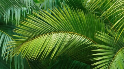 Fototapeta premium Lush Green Palm Leaves in a Tropical Environment with Natural Sunlight Illuminating the Textured Surface and Vibrant Colors of the Foliage