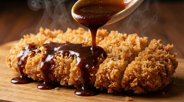 Pouring thick sauce on crispy pork cutlet(サクサクのとんかつに濃厚なソースをかける瞬間)