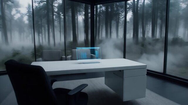 A background of a futuristic home office with a 360-degree view of a foggy forest, ultra-minimalist white desk.
