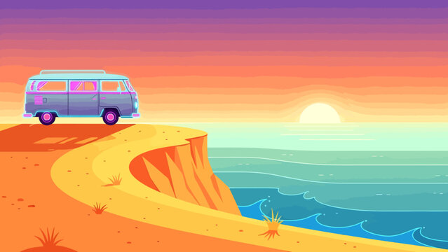 A retro camper van parked on a scenic coastal cliff overlooking the ocean during a vibrant sunset.
