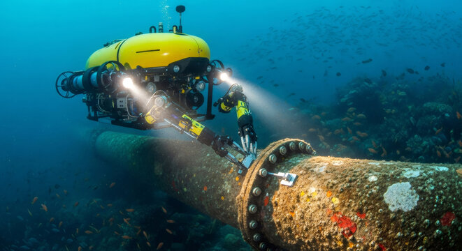 Remotely operated vehicle (ROV) inspecting underwater gas pipeline. Subsea energy infrastructure maintenance. Offshore oil and gas monitoring.