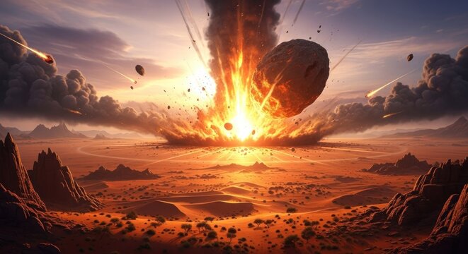 A massive asteroid or meteorite is crashing into the desert landscape, emitting a bright orange glow and creating a dramatic explosion. 