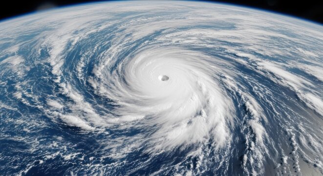 A massive hurricane, swirling and swirling, dominates the sky, with a vast expanse of ocean below and a dark, ominous cloud cover. 