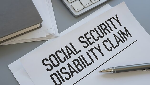 Document social security disability claim form on office desk with pen, keyboard and paperwork, financial assistance concept for benefits application and administration