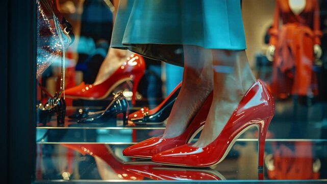 Vibrant red high heels on stylish display in a chic boutique window, illuminated by surrounding lights, captivating passersby with glamour and fashion appeal during the evening hours