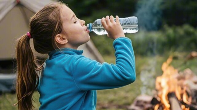 Young girl with brown hair takes a sip from a plastic water bottle while sitting beside a campfire, with a tent and trees in the background