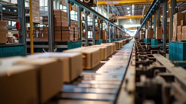 Warehouse workers efficiently manage cardboard boxes moving along the conveyor belt under overhead lights in a bustling distribution center, streamlining logistics and transportation operations