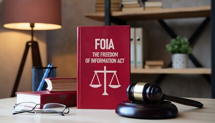 Book FOIA the Freedom of Information Act law reference with justice scales icon on red cover beside judge gavel, legal desk scene for transparency, government records requests