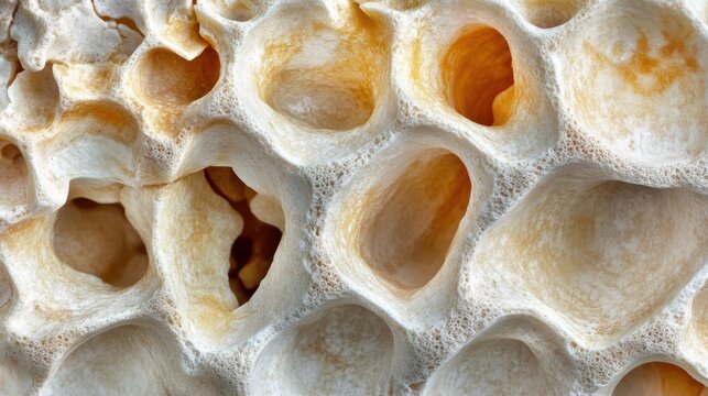 A highly magnified cross-section of a healthy bone matrix, showcasing its intricate internal structure and characteristic porous texture in vivid detail.