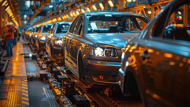Workers diligently assemble automobiles on a bustling assembly line within a brightly lit modern manufacturing facility as evening approaches, with the sunset casting a warm glow