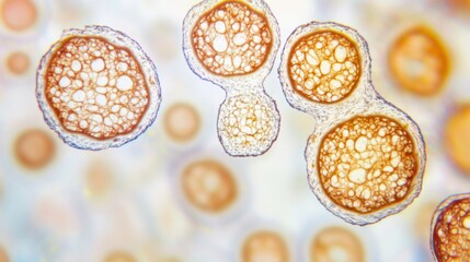 A magnified view of active budding yeast cells captured under a microscope, clearly displaying intricate cellular structures and dynamic biological processes.
