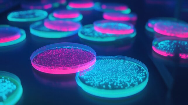 Captivating glowing bacterial colonies flourishing in petri dishes under intense neon illumination, vividly showcasing microbial growth and scientific research.