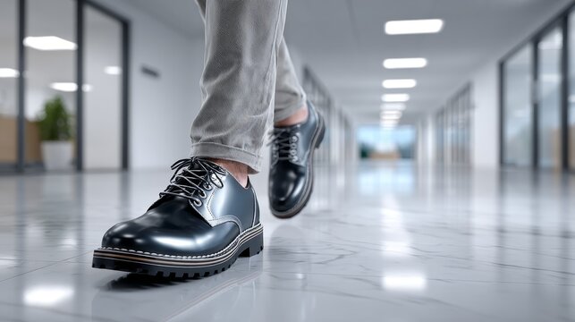 A man walks in formal shoes down a long office corridor. The modern workspace is bright with glass walls and a polished floor. This scene depicts a typical workday in a corporate environment