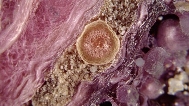 Magnified view showing a healthy human skin cell nestled amidst intricately woven fibrous tissue and scattered granular material, revealing complex biological structure.