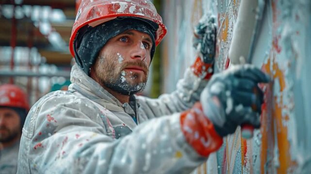 A construction site worker, clad in protective equipment, diligently paints a wall under daylight. Splatters on their gear reveal the intensity of the project, emphasizing worker safety and labor