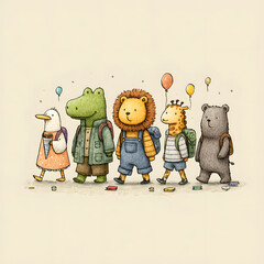 Fototapeta premium Animal friends walking to school with backpacks
