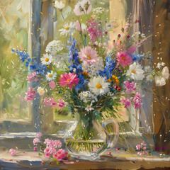 Colorful wildflowers in vase by sunny window