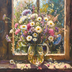 Sunlit wildflowers in glass jug near window