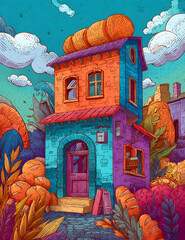 Tall cartoon house with croissants on rooftop