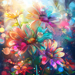 Vibrant neon daisies with glowing bokeh lights