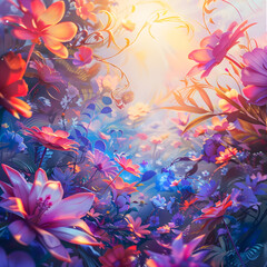 Dreamy flower field at twilight with soft glow