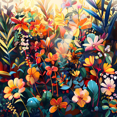 Bold stylized wildflower mix with sunbeams