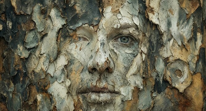 intricate sculpted face emerging from weathered tree bark, artistic portrait with textured details.