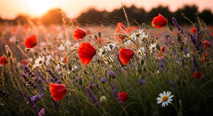 Fototapeta premium A serene field of vibrant wildflowers at sunset in nature